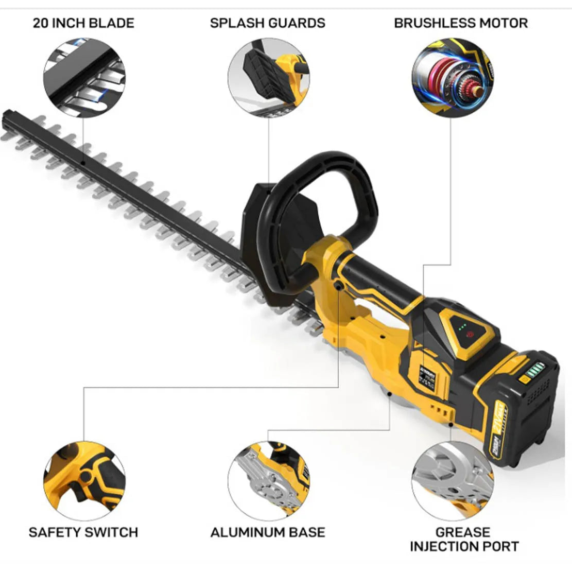 Brushless Hedge Trimmer - 20-Inch Electric Garden Pruner, Compatible with DEWALT 21V Battery, Cordless Shrub Bush Trimming Tool