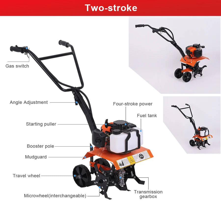 Gasoline Cultivator 4 Stroke/2 Stroke Multi-function Rotary Tiller Machinery Compact Micro Tiller for Home Garden and Small