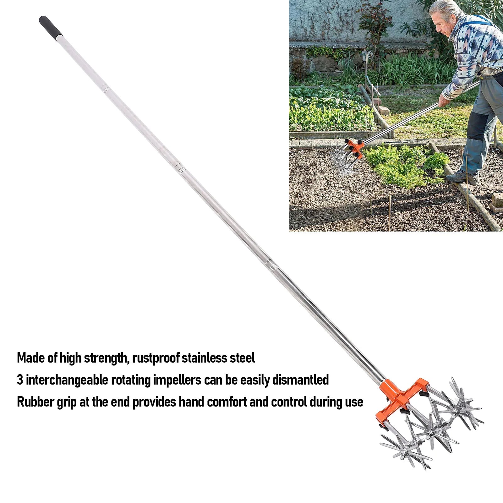 Manual Rotary Cultivator Tool Stainless Steel Teeth Adjustable Handle Garden Hand Tiller for Lawn Hand Rotary Cultivator