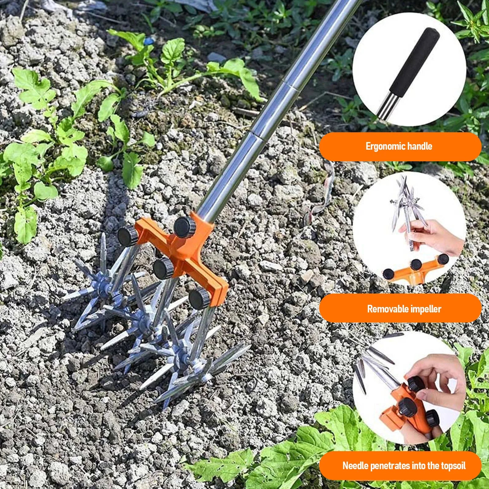Manual Rotary Cultivator Tool Stainless Steel Teeth Adjustable Handle Garden Hand Tiller for Lawn Hand Rotary Cultivator