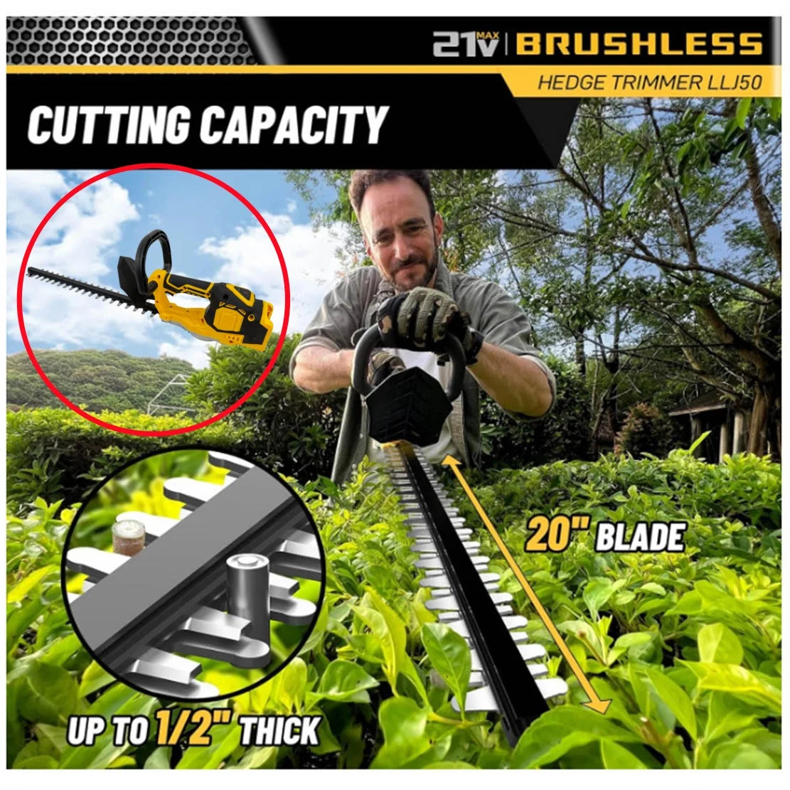 Brushless Hedge Trimmer - 20-Inch Electric Garden Pruner, Compatible with DEWALT 21V Battery, Cordless Shrub Bush Trimming Tool